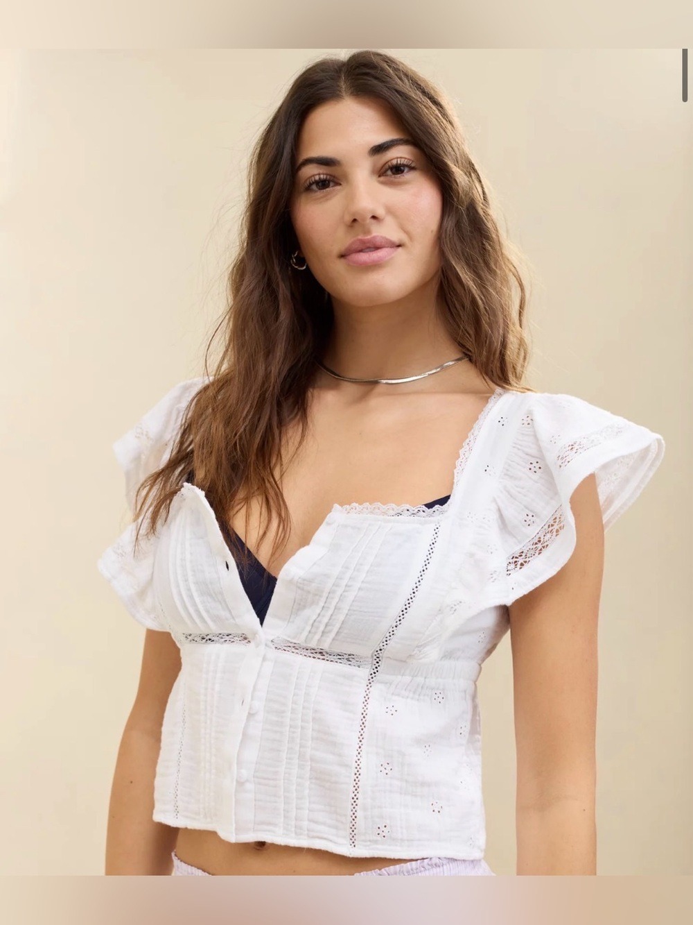 Aerie White Ruffled Eyelet Women's Blouse Size XXL coastal